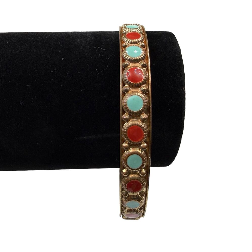 Vintage Ethnic Tribal Bangle Bracelet Copper Brass Tone Red Turquoise Cabochons